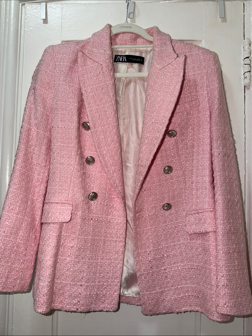 Zara Light Pink Tweed Double-Breasted Blazer